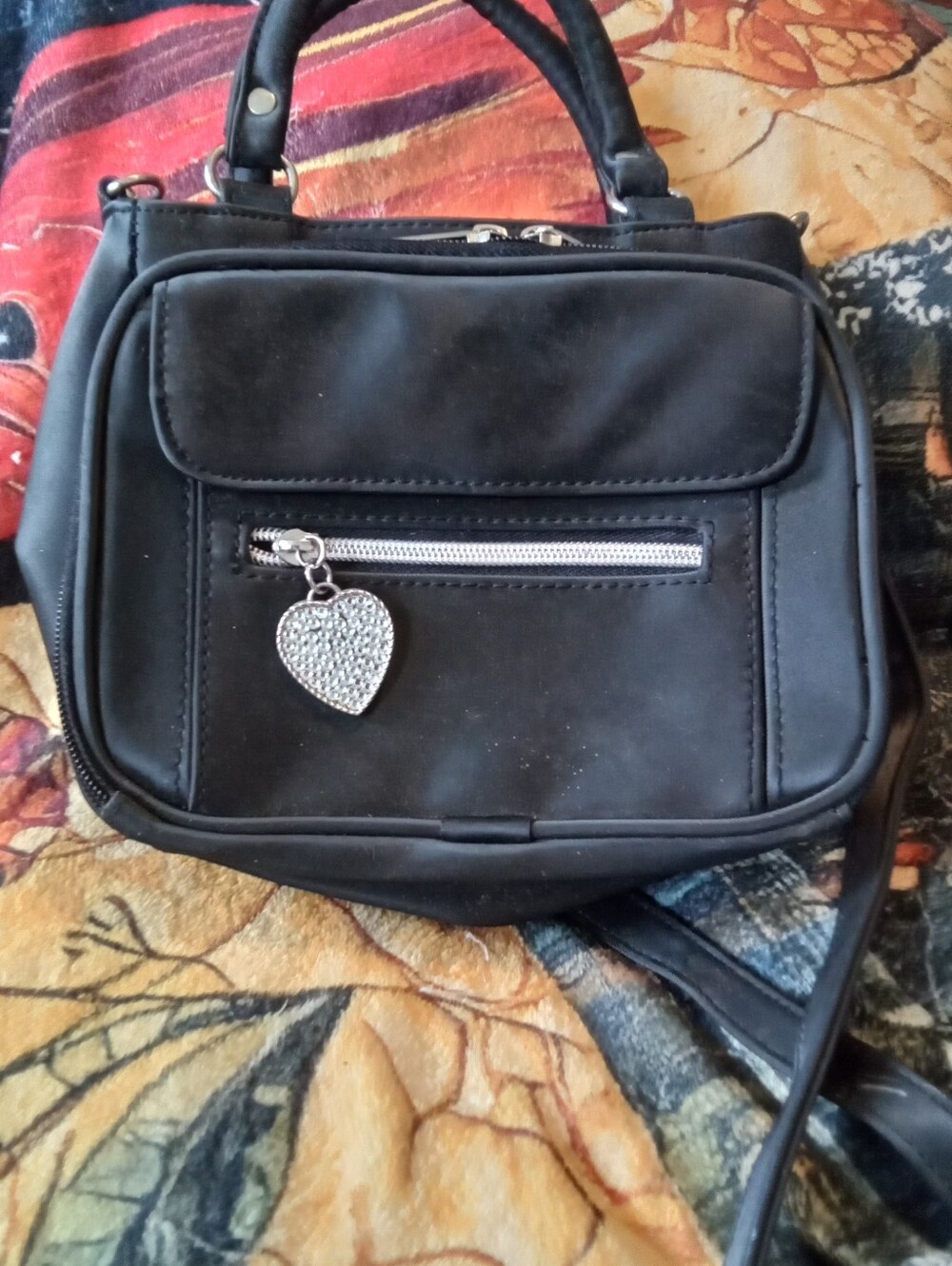 #1600 Black Women's Top-Handle Crossbody Bag with Heart Charm